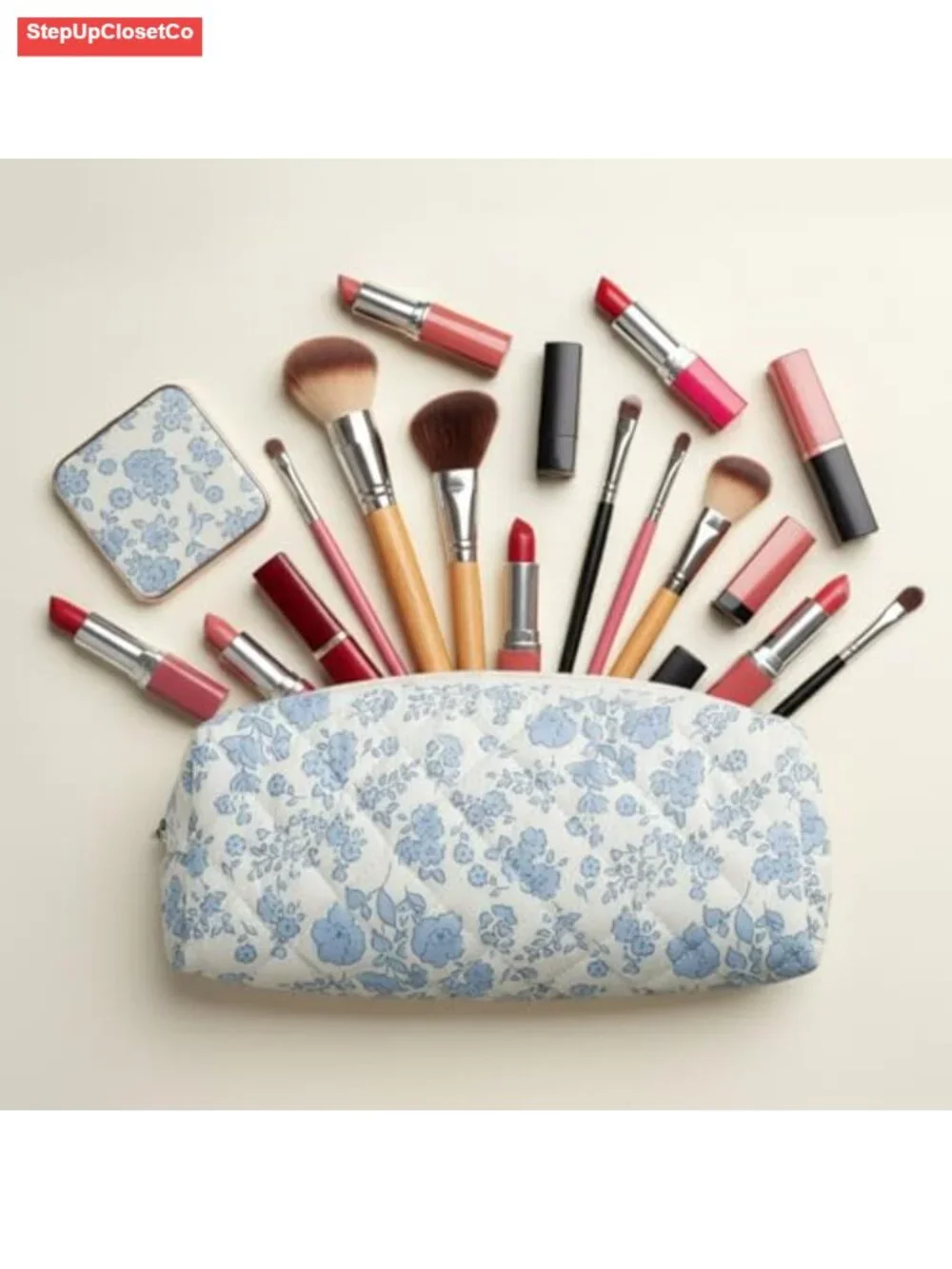 Quilted Cotton Makeup Bag with Floral Pattern - Lightweight Travel Cosmetic